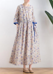 Literary small daisy mid-length dress waist ming 2021 new ramie printed skirt - bagstylebliss