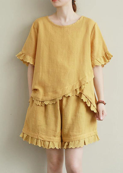 Literary yellow suit lace lace irregular round neck short sleeve shorts two-piece suit - bagstylebliss