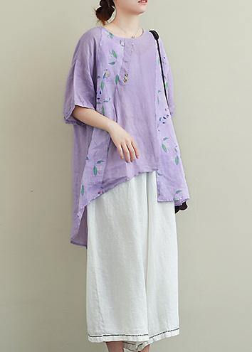 Literature and art ramie purple printed T-shirt female loose cotton and linen nine points wide leg pants two-piece suit - bagstylebliss