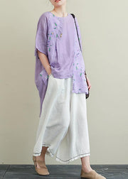 Literature and art ramie purple printed T-shirt female loose cotton and linen nine points wide leg pants two-piece suit - bagstylebliss