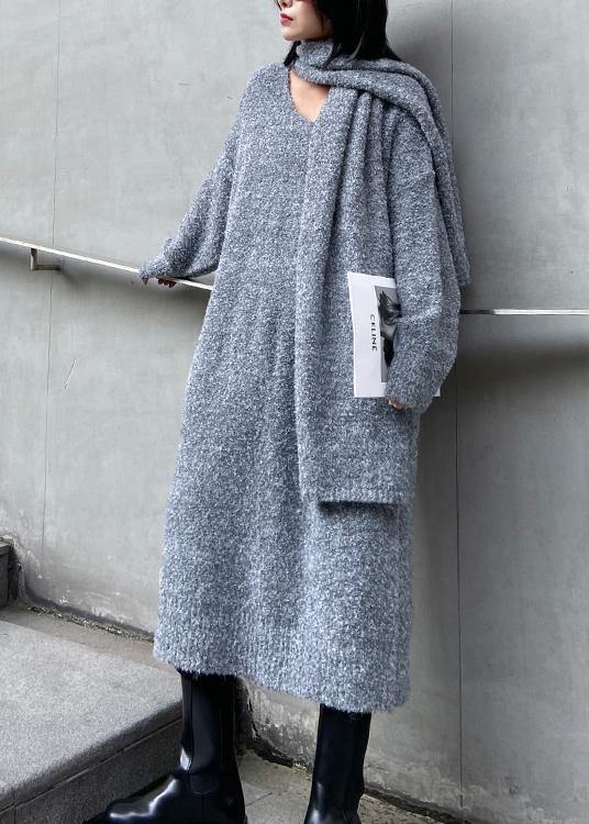 Long woolen dress over the knee thick and loose, bottom with scarf gray knitted dress - bagstylebliss