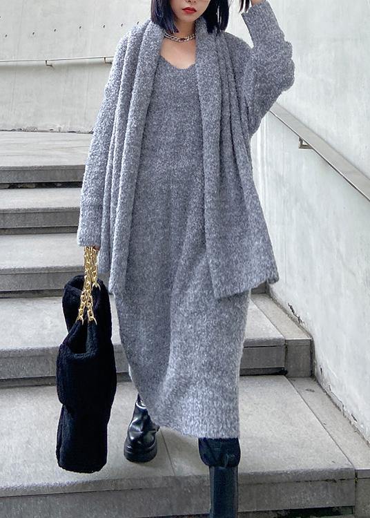 Long woolen dress over the knee thick and loose, bottom with scarf gray knitted dress - bagstylebliss