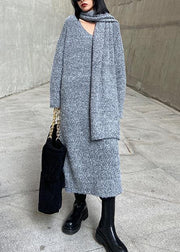 Long woolen dress over the knee thick and loose, bottom with scarf gray knitted dress - bagstylebliss