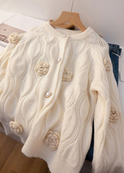 Loose Apricot Button Floral  Cotton Knit Coats Long Sleeve