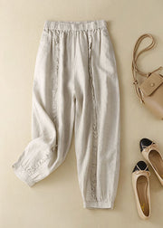 Loose Apricot Elastic Waist Ruffled Patchwork Linen Pants Trousers Summer