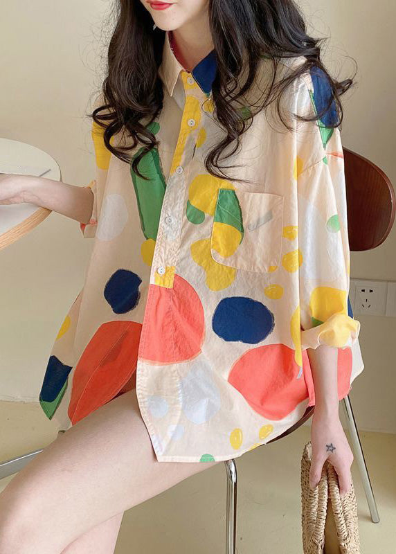 Loose Apricot Peter Pan Collar Print Button Cotton Shirt Spring