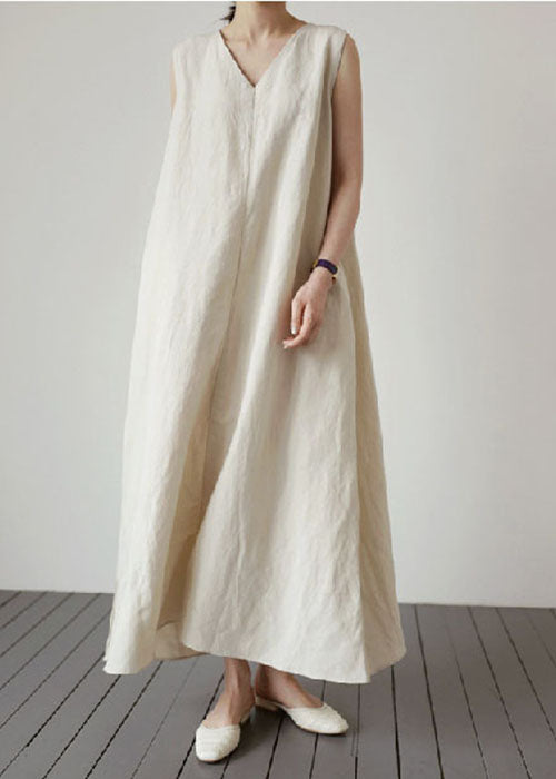 Loose Apricot V Neck Pockets Linen Dress Sleeveless