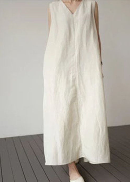 Loose Apricot V Neck Pockets Linen Dress Sleeveless