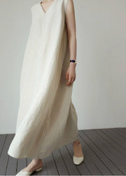 Loose Apricot V Neck Pockets Linen Dress Sleeveless