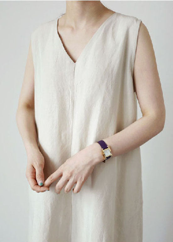 Loose Apricot V Neck Pockets Linen Dress Sleeveless