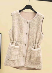 Loose Apricot drawstring Faux Fur Winter Vest