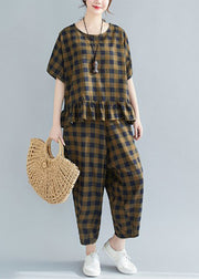 Loose Army Green O-Neck Rüschen Plaid Zweiteiler Set Kurzarm