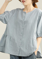 Loose Baby blue Button Linen Top Summer - bagstylebliss