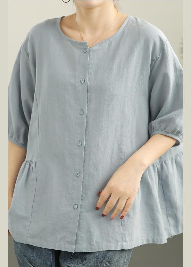 Loose Baby blue Button Linen Top Summer - bagstylebliss