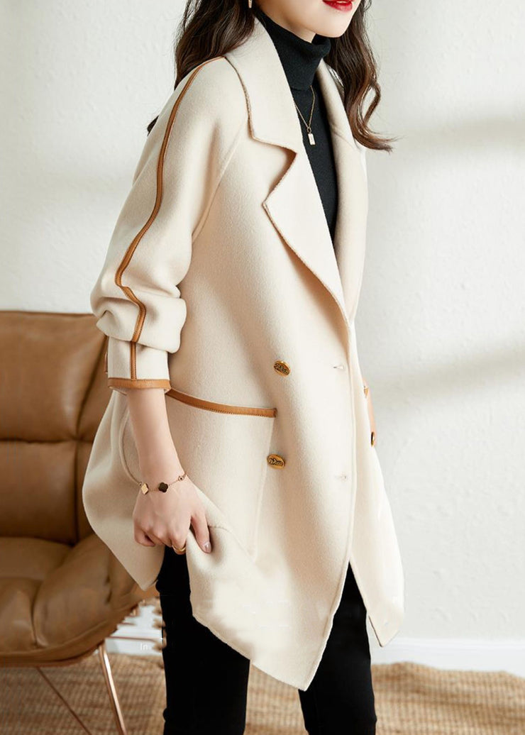 Loose Beige Double Breast Pockets Patchwork Woolen Coat Fall