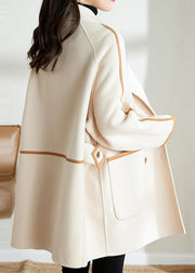 Loose Beige Double Breast Pockets Patchwork Woolen Coat Fall