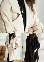 Loose Beige Double Breast Pockets Patchwork Woolen Coat Fall