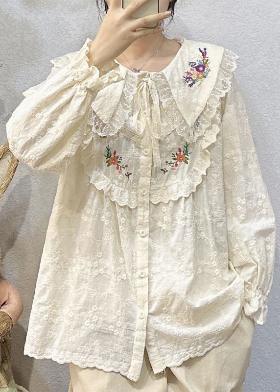 Loose Beige Embroidered Lace Patchwork Cotton Shirt Long Sleeve