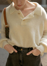 Loose Beige Peter Pan Collar Button  Cotton Knit Top Fall