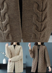 Loose Beige V Neck Patchwork Thick Wool Knit Cardigan Fall