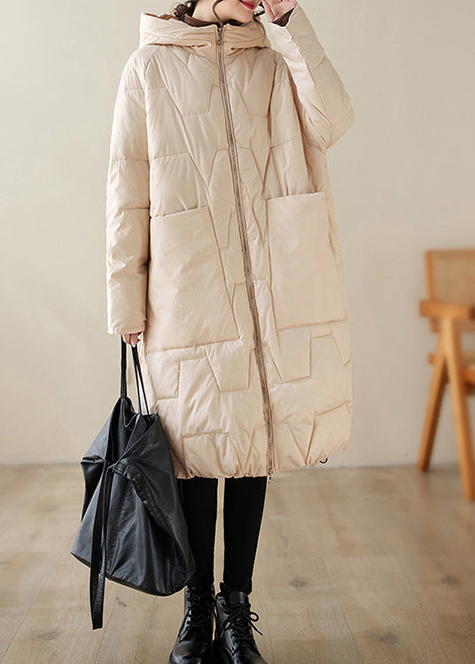 Loose Beige Zippered Hooded Fine Cotton Filled Coats Winter