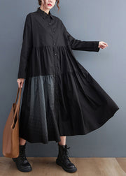 Loose Black Button Peter Pan Collar Cotton Shirt Dress Long Sleeve