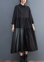 Loose Black Button Peter Pan Collar Cotton Shirt Dress Long Sleeve