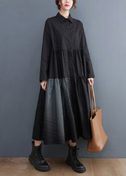 Loose Black Button Peter Pan Collar Cotton Shirt Dress Long Sleeve