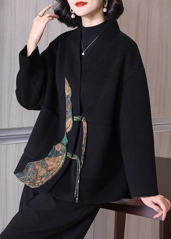 Loose Black Button Pockets Patchwork Woolen Coat Spring