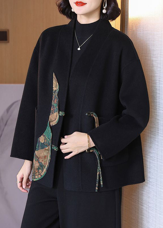 Loose Black Button Pockets Patchwork Woolen Coat Spring