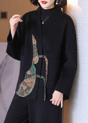 Loose Black Button Pockets Patchwork Woolen Coat Spring