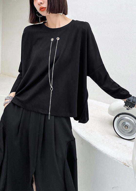 Loose Black Chain Linked High Design Patchwork Cotton Tops Batwing Sleeve