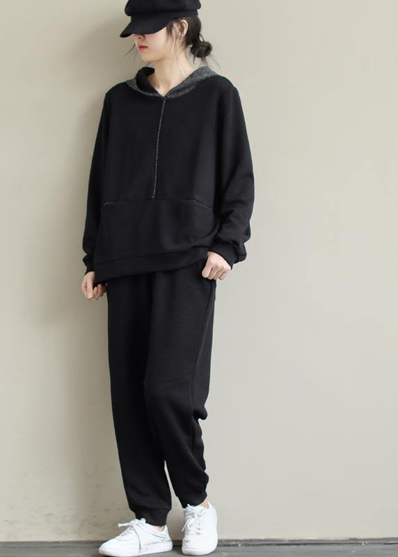 Loose Black Color Matching Hoodie and Elastic Pants Casual Suit - bagstylebliss