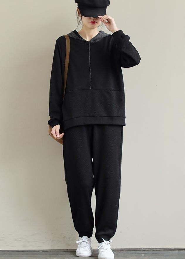 Loose Black Color Matching Hoodie and Elastic Pants Casual Suit - bagstylebliss