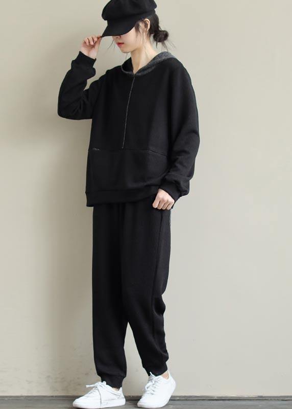 Loose Black Color Matching Hoodie and Elastic Pants Casual Suit - bagstylebliss