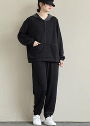 Loose Black Color Matching Hoodie and Elastic Pants Casual Suit - bagstylebliss