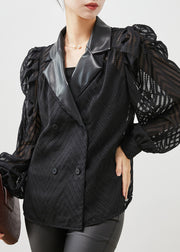 Loose Black Double Breast Patchwork Chiffon Shirt Puff Sleeve