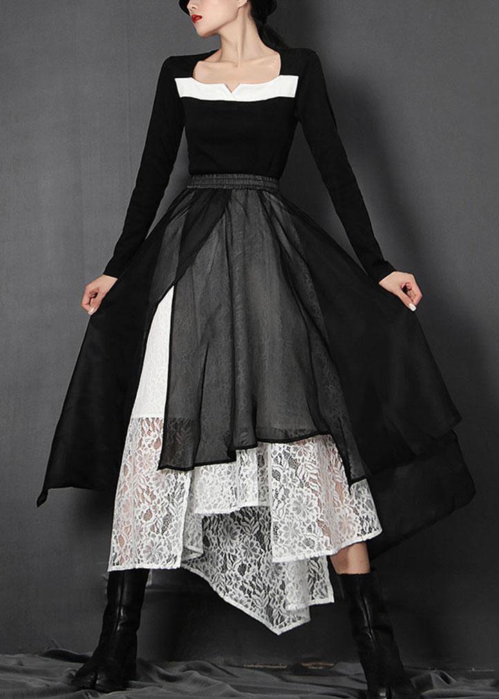 Loose Black Elastic Waist Patchwork Lace Asymmetrical Design Summer Skirt - bagstylebliss