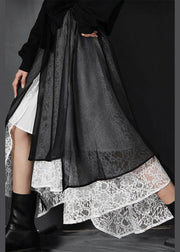 Loose Black Elastic Waist Patchwork Lace Asymmetrical Design Summer Skirt - bagstylebliss