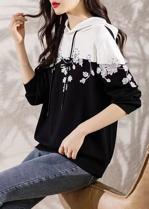 Loose Black Hooded Embroidered Patchwork Cotton Top Long Sleeve