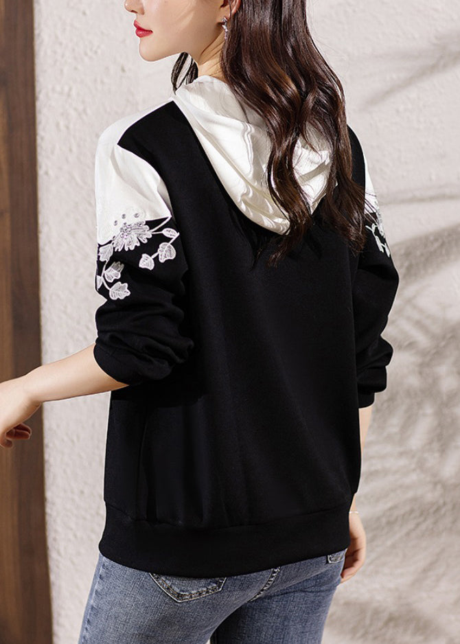 Loose Black Hooded Embroidered Patchwork Cotton Top Long Sleeve