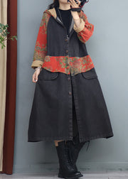 Loose Black Hooded Pockets Patchwork Denim Long Coats Fall