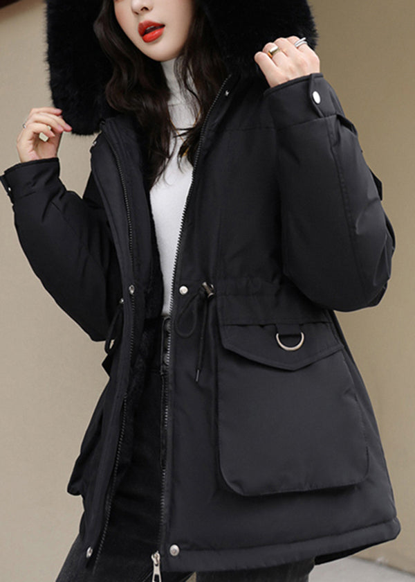 Loose Black Hooded Pockets Warm Fleece Parka Jacket Winter