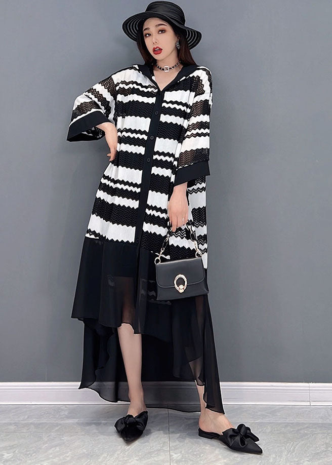 Loose Black Hooded Striped Print Low High Design Tulle Vacation UPF 50+ Dresses Bracelet Sleeve