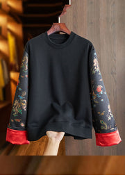 Loose Black O-Neck Embroidered Patchwork Cotton Sweatshirt Long Sleeve