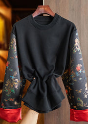 Loose Black O-Neck Embroidered Patchwork Cotton Sweatshirt Long Sleeve