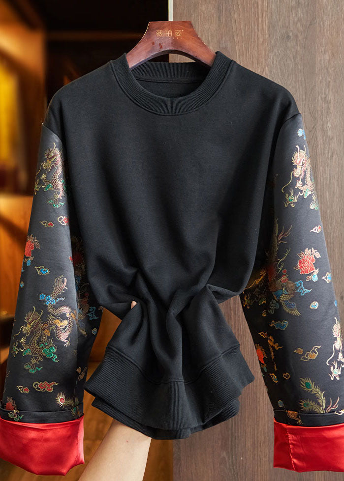 Loose Black O-Neck Embroidered Patchwork Cotton Sweatshirt Long Sleeve