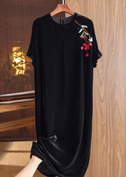 Loose Black O Neck Embroidered Silk Velour Dresses Fall