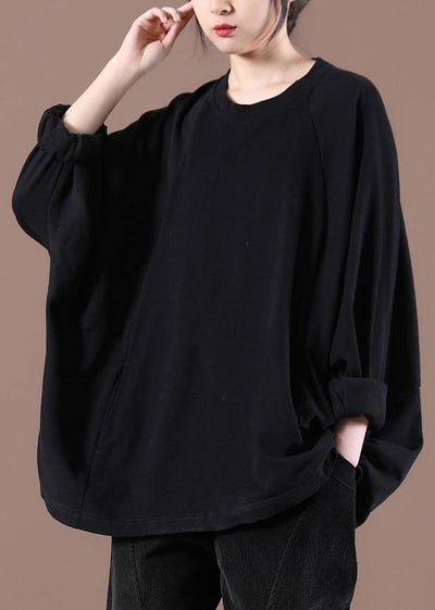Loose Black O-Neck Stand Spring Tops - bagstylebliss