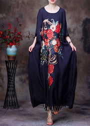 Loose Black O-Neck Tassel Floral Print Silk Long Dress Gown Batwing Sleeve